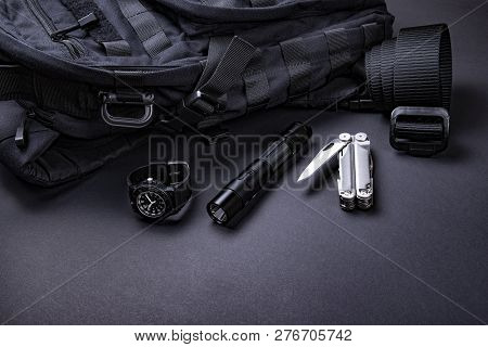 Everyday Carry (edc) Items For Men In Black Color - Backpack, Tactical Belt, Flashlight,  Watch And 