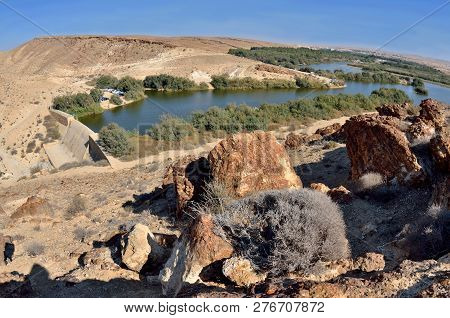 Tel-yeruham Dam  And Reservoir Surrounded By A Park With Picnic Tables,view From The Top,yeruham, So
