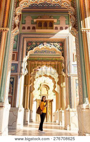 Asian Woman Trourist Standing At Patrika Gate In Jaipur, Rajasthan India.