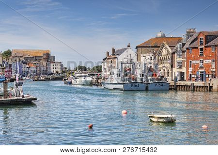 2 July 2017: Weymouth, Dorset, England, Uk - The River Wey And The Old Docks On A Bright Sunny Summe