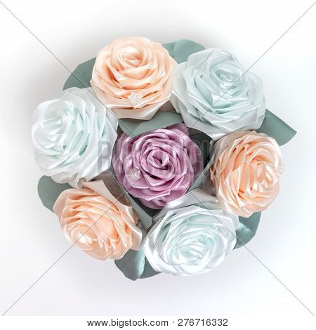 Bouquet, Basket Of Flowers Kanzashi From Satin Ribbons. Japanese Traditional Handmade Decorations, P
