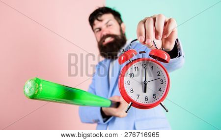 Destroy Or Turn Off. Man Suit Hold Clock And Baseball Bat In Hands. Business Discipline Concept. Tim
