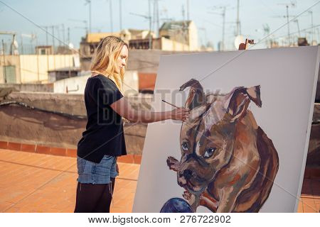 Young Woman Paint Artist Drawing At Home Roof