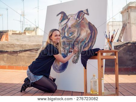 Young Woman Paint Artist Drawing At Home Roof