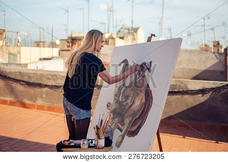 Young Woman Paint Artist Drawing At Home Roof
