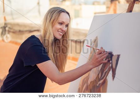 Young Woman Paint Artist Drawing At Home Roof