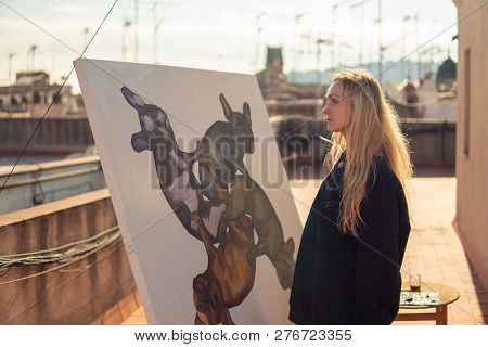 Young Woman Paint Artist Drawing At Home Roof