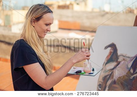 Young Woman Paint Artist Drawing At Home Roof