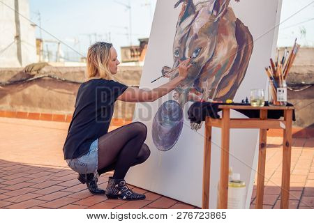 Young Woman Paint Artist Drawing At Home Roof