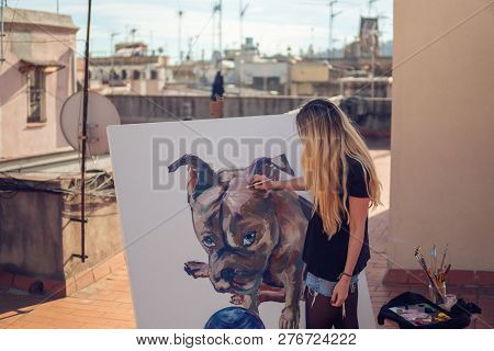 Young Woman Paint Artist Drawing At Home Roof