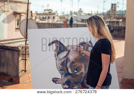 Young Woman Paint Artist Drawing At Home Roof