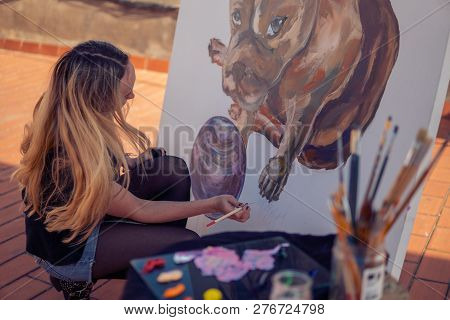 Young Woman Paint Artist Drawing At Home Roof