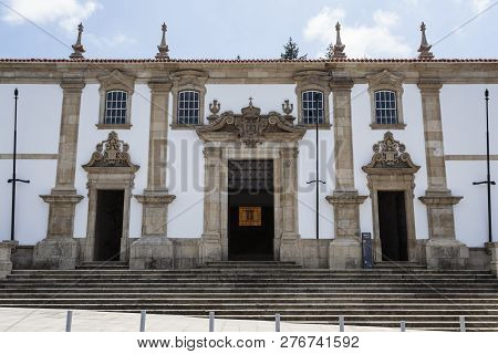Gouveia, Portugal - July 19, 2018:  The Main Portal On The Facade Of The 18th Century College Of The