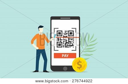 Qrcode Online Payment Technology Scan With Business Man Standing Side Of Big Smartphone With Gold Co