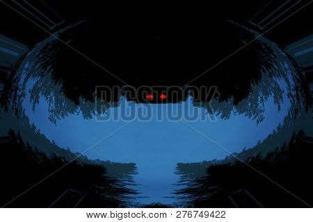 Scary Background With Ghost With Red Eyes In Dark Tones. Night Silhouette Of Creepy Monster In Shado