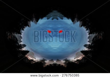 Scary Background With Ghost With Red Eyes In Dark Tones. Night Silhouette Of Creepy Monster In Shado