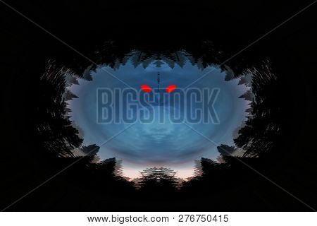 Scary Background With Ghost With Red Eyes In Dark Tones. Night Silhouette Of Creepy Monster In Shado
