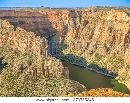 Aerial View Of Devil Canyon Overlook At Bighorn Canyon National Recreation In Montana, United States