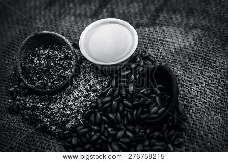 Close Up Of Paste Of Custard Apple Seeds In A Glass Bowl With Some Powdered Seeds And Raw Dried Seed