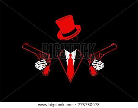 Cartel Skull Icon Wih Cylinder Hat And Pistols Red Color Background