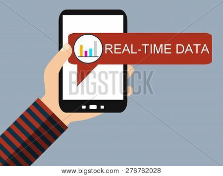 Hand Holding Smartphone With Diagram Icon: Realt-time Data - Flat Design