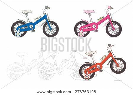 Set Of Kids Bicycles, Silhouette Of Small Bikes Isolated On White Background, Children Toy, Vector I