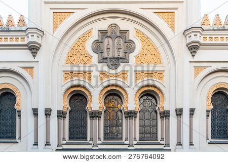 Picturesque Windows Of Spanish Synagogue In Josefov, Prague, Czech Republic. Detailed View