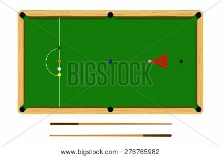 Flat Cartoon Snooker Table, Billiard Ball Set, Brown Wooden Table And Cue Isolated On White Backgrou