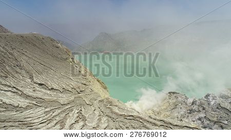 Aerial View Mountain Landscape With Crater Acid Lake Kawah Ijen Where Sulfur Is Mined. Sulfur Gas, S
