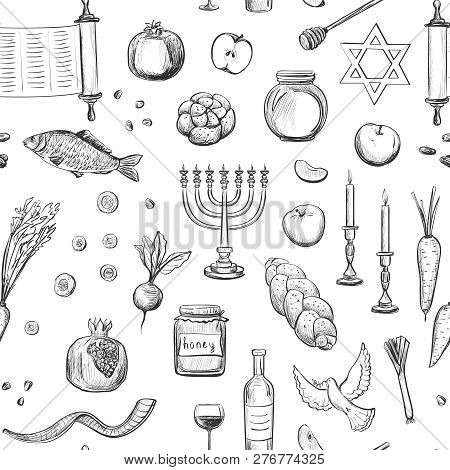 Vector Sketches Attributes Celebration Of Rosh Hashanah , The Traditional Food, Candles , Torus  And
