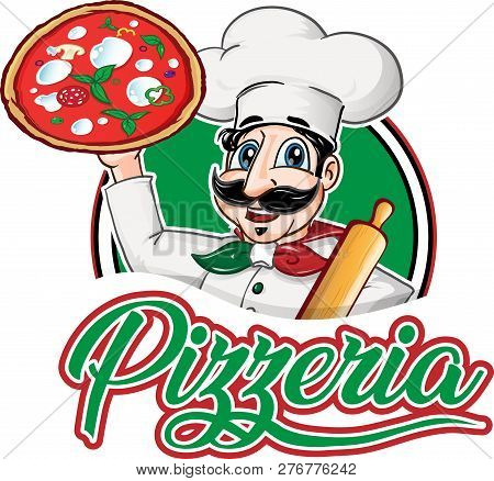 Italian Chef  Emblem With Pizza Margherita Isolated On White Background