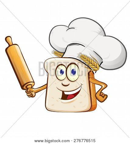Bread Chef With Rollin Pin Cartoon Isolated On White Background