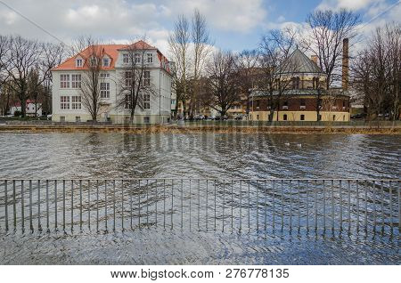 River And City -  Sunken Boulevards In The Coastal City Of Kolobrzeg On The River During A Strong St