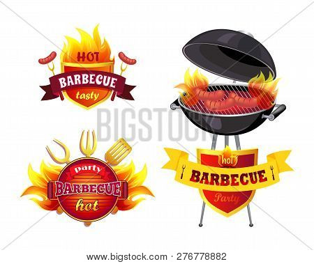 Hot Bbq Barbecue Tasty Set Icons Isolated Vector. Brazier Grill With Roasting Cooking Sausages. Fran