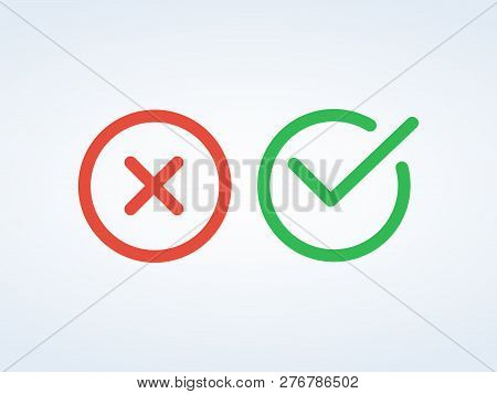 Thin Line Check Mark Icons. Green Tick And Red Cross Checkmarks Flat Line Icons Set.
