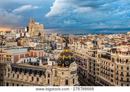 Madrid, Spain - November 3, 2017:  Skyline Of Madrid City Centre From Circulo De Bellas Artes Roofto