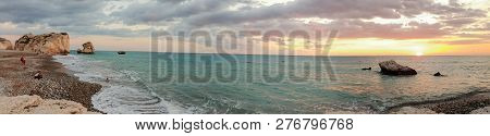 Paphos, Cyprus - November 24, 2018:  Panoramic View Of The Beach At The Petra Tou Romiou With People