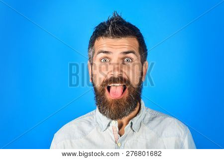 Happy Bearded Man Shows Tongue. Handsome Businessman Sticking Tongue Out Happy With Funny Expression