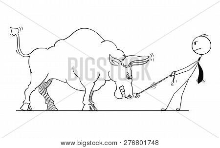 Cartoon Stick Man Drawing Conceptual Illustration Of Businessman Pulling Big Bull As Rising Market P