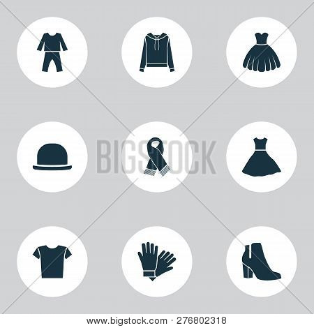 Clothes Icons Set With Pajamas, Fedora, Boots And Other Sleepwear Elements. Isolated Vector Illustra