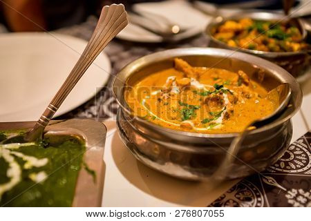 Delicious Mulligatawny Soup In Metal Bowl, Traditional Indian Cuisine