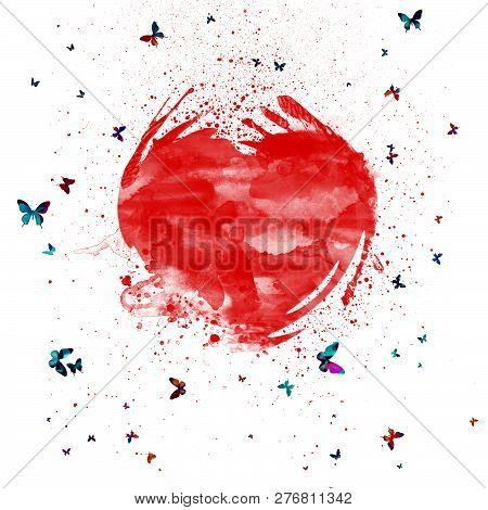 Abstract Watercolor Splashes Red Heart . Heart With Colorful Butterflies.