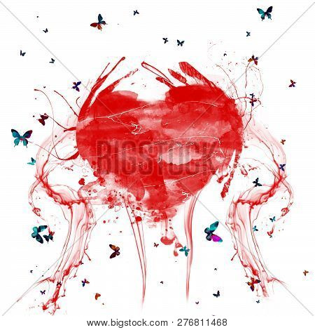 Abstract Watercolor Splashes Red Heart . Heart With Colorful Butterflies.