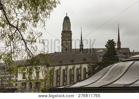Zurich, Switzerland - Oct 130th, 2018: View Of Grossmunster And Zurich Old Town From Limmat River. T
