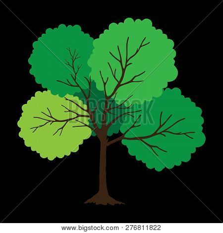 Tree With Green Leaves On Black Background. Vector Tree Icon. Tree Forest, Leaf Tree Isolated, Tree 