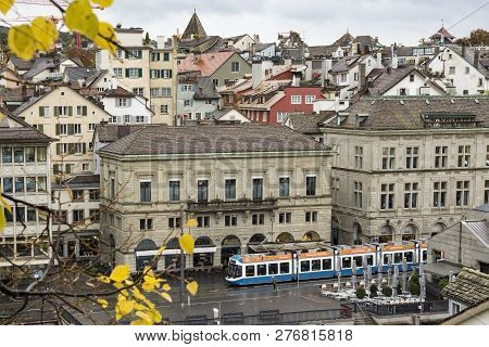 Zurich, Switzerland - Oct 130th, 2018: Classic Beautiful And Colorful Swiss Cityscape Or Landscape A
