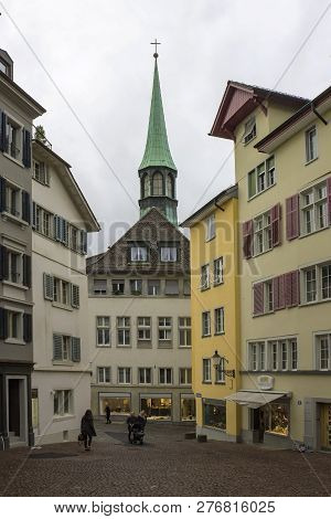 Zurich, Switzerland - Oct 130th, 2018: Classic Beautiful And Colorful Swiss Cityscape Or Landscape A