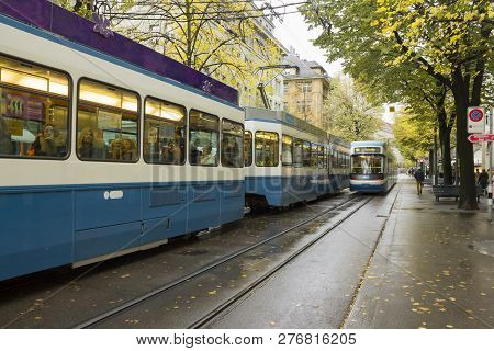 Zurich, Switzerland - Oct 130th, 2018: Classic Beautiful And Colorful Swiss Cityscape Or Landscape A