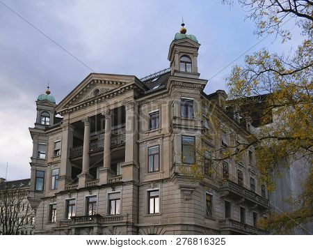 Zurich, Switzerland - Oct 130th, 2018: Classic Beautiful And Colorful Swiss Cityscape Or Landscape A