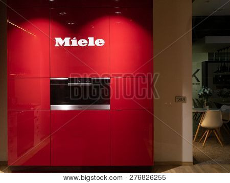Kyiv, Ukraine - December 30, 2018: Bright Red Kitchen Inside Miele Retail Store. Miele Is German Bas